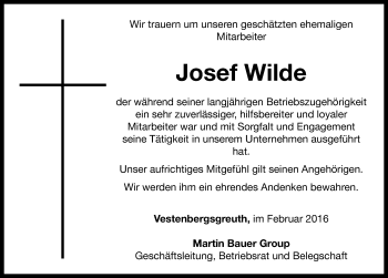 Traueranzeige von Josef Wilde von Neustadt/ Scheinfeld/ Uffenheim