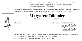 Traueranzeige von Margarete Däumler von Neustadt/ Scheinfeld/ Uffenheim