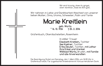 Traueranzeige von Marie Kreitlein von Ansbach