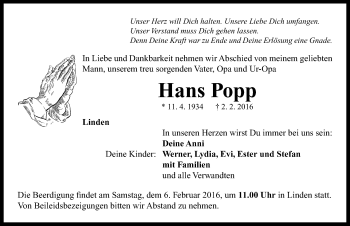 Traueranzeige von Hans Popp von Neustadt/ Scheinfeld/ Uffenheim