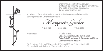 Traueranzeige von Margareta Gruber von Ansbach