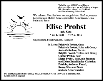 Traueranzeige von Elise Probst von Rothenburg