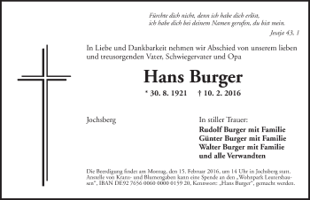 Traueranzeige von Hans Burger von Ansbach