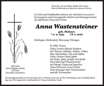 Traueranzeige von Anna Wastensteiner von Dinkelsbühl/ Feuchtwangen