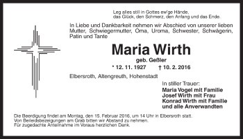 Traueranzeige von Maria Wirth von Gesamtausgabe