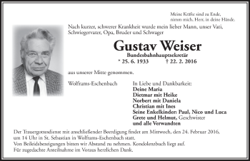 Traueranzeige von Gustav Weiser von Ansbach