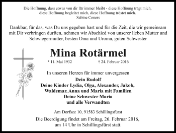 Traueranzeige von Mina Rotärmel von Rothenburg