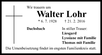 Traueranzeige von Walter Lohr von Neustadt/ Scheinfeld/ Uffenheim