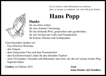 Traueranzeige von Hans Popp von Neustadt/ Scheinfeld/ Uffenheim