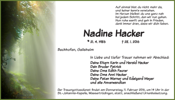 Traueranzeige von Nadine Hacker von Dinkelsbühl/ Feuchtwangen