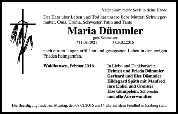 Traueranzeige von Maria Dümmler von Rothenburg