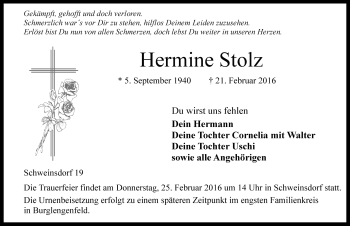 Traueranzeige von Hermine Stolz von Rothenburg