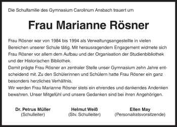 Traueranzeige von Marianne Rösner von Ansbach