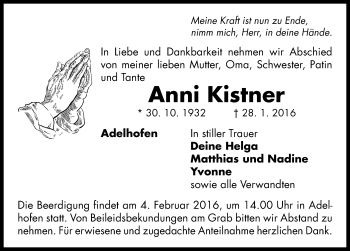 Traueranzeige von Anni Kistner von Neustadt/ Scheinfeld/ Uffenheim