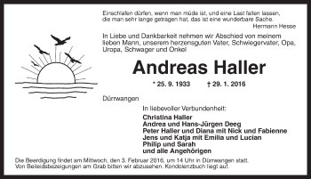 Traueranzeige von Andreas Haller von Dinkelsbühl/ Feuchtwangen