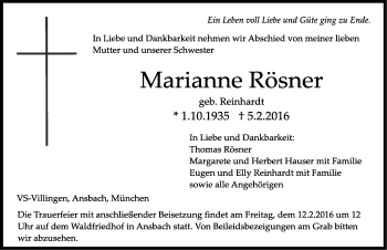 Traueranzeige von Maria Rösner von Ansbach