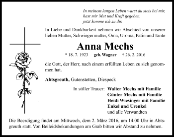 Traueranzeige von Anna Mechs von Neustadt/ Scheinfeld/ Uffenheim