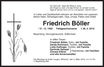 Traueranzeige von Friedrich Böller von Dinkelsbühl/ Feuchtwangen