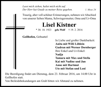 Traueranzeige von Lisel Kistner von Neustadt/ Scheinfeld/ Uffenheim