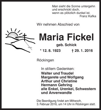 Traueranzeige von Maria Fickel von Dinkelsbühl/ Feuchtwangen