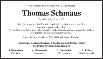 Traueranzeige von Thomas  Schmaus von Ansbach