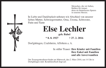 Traueranzeige von Else Lechler von Dinkelsbühl/ Feuchtwangen