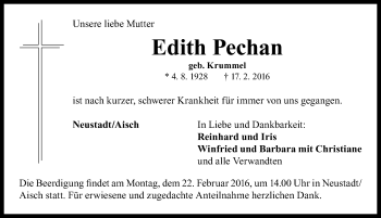 Traueranzeige von Edith Pechan von Neustadt/ Scheinfeld/ Uffenheim