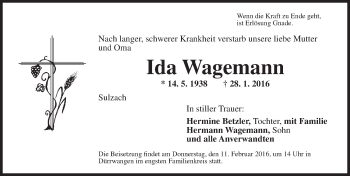 Traueranzeige von Ida Wagemann von Dinkelsbühl/ Feuchtwangen