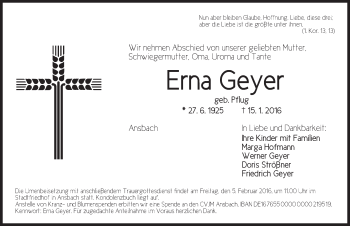 Traueranzeige von Erna Geyer von Ansbach