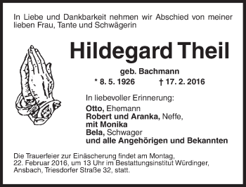 Traueranzeige von Hildegard Theil von Ansbach