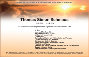 Traueranzeige von Thomas Simon Schmaus von Ansbach