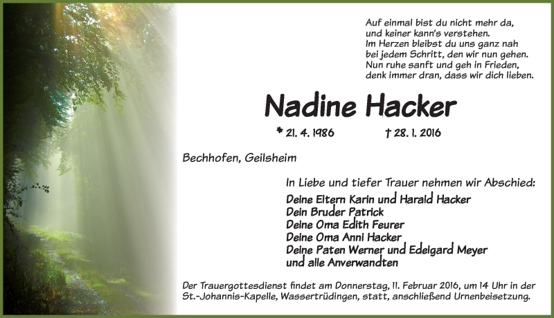  Traueranzeige für Nadine Hacker vom 10.02.2016 aus Dinkelsbühl/ Feuchtwangen