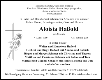 Traueranzeige von Aloisia Haßold von Rothenburg