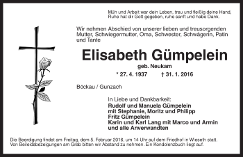 Traueranzeige von Elisabeth Gümpelein von Ansbach