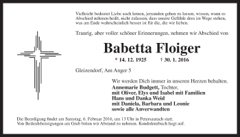 Traueranzeige von Babetta Floiger von Ansbach