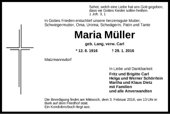 Traueranzeige von Maria Müller von Dinkelsbühl/ Feuchtwangen