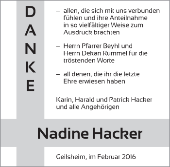 Traueranzeige von Nadine Hacker von Dinkelsbühl/ Feuchtwangen
