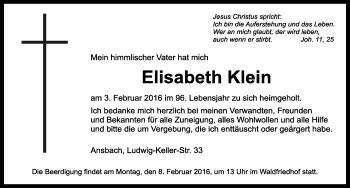 Traueranzeige von Elisabeth Klein von Ansbach