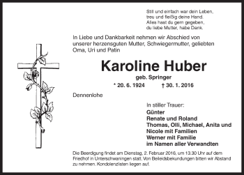 Traueranzeige von Karoline Huber von Dinkelsbühl/ Feuchtwangen