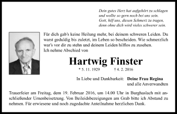 Traueranzeige von Hartwig Finster von Neustadt/ Scheinfeld/ Uffenheim