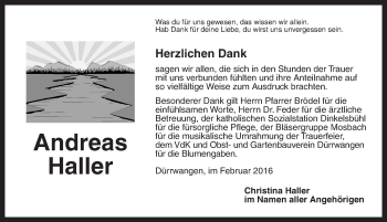 Traueranzeige von Andreas Haller von Dinkelsbühl/ Feuchtwangen