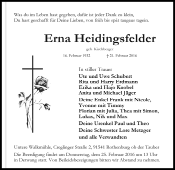 Traueranzeige von Erna Heidingsfelder von Rothenburg