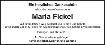 Traueranzeige von Maria Fickel von Dinkelsbühl/ Feuchtwangen