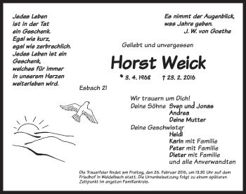 Traueranzeige von Horst Weick von Dinkelsbühl/ Feuchtwangen