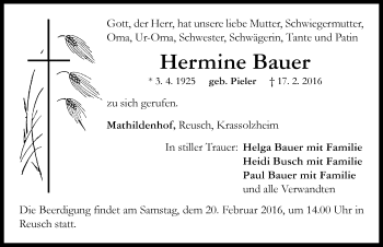 Traueranzeige von Hermine Bauer von Neustadt/ Scheinfeld/ Uffenheim