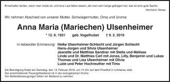 Traueranzeige von Anna Maria Ulsenheimer von Ansbach