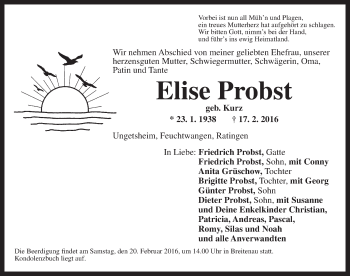 Traueranzeige von Elise Probst von Dinkelsbühl/ Feuchtwangen