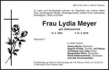 Traueranzeige von Lydia Meyer von Ansbach
