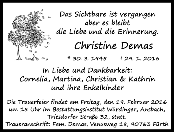 Traueranzeige von Christine Demas von Ansbach