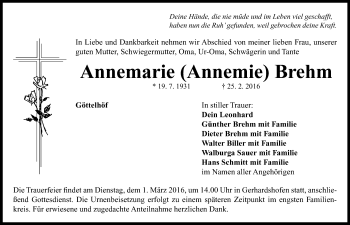 Traueranzeige von Annemarie Brehm von Neustadt/ Scheinfeld/ Uffenheim